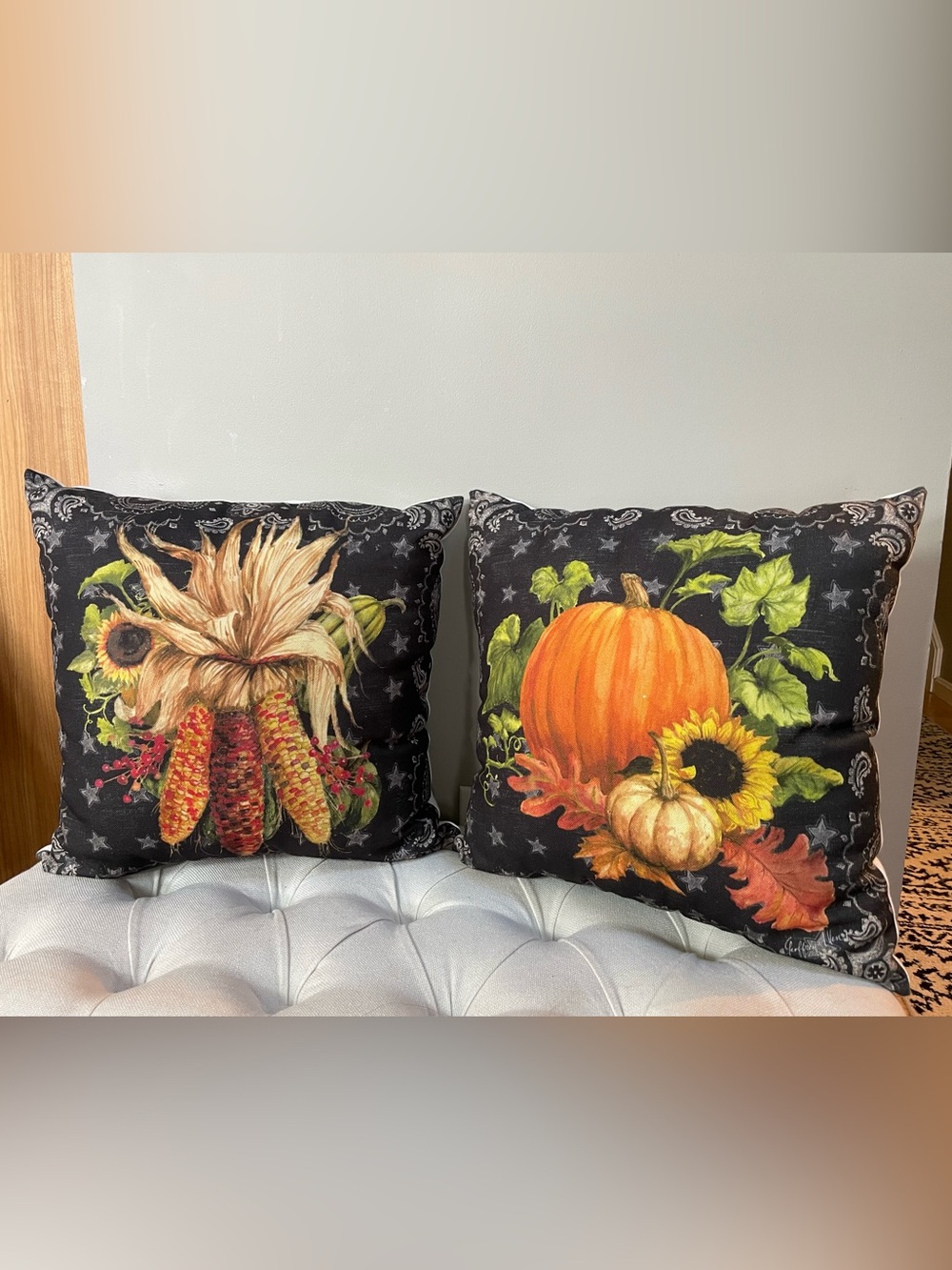 Autumn Harvest Pumpkin & Corn Decorative Throw Pillow Set - Black